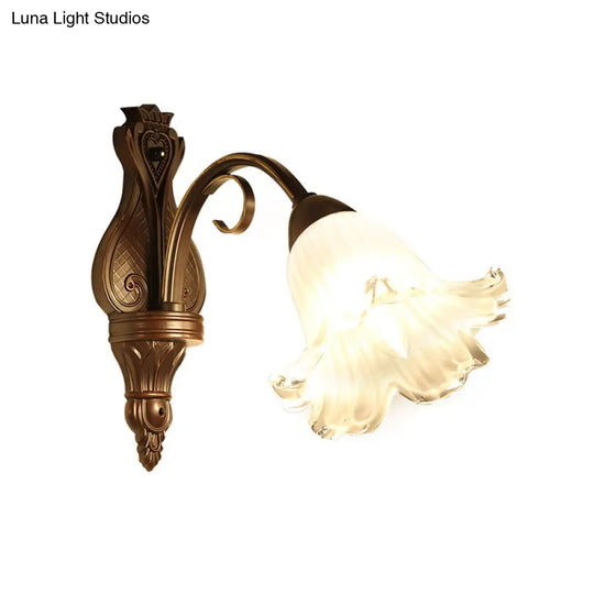 Traditional Floral Wall Sconce Light With White Glass Fixture In Black - Ideal For Bedroom