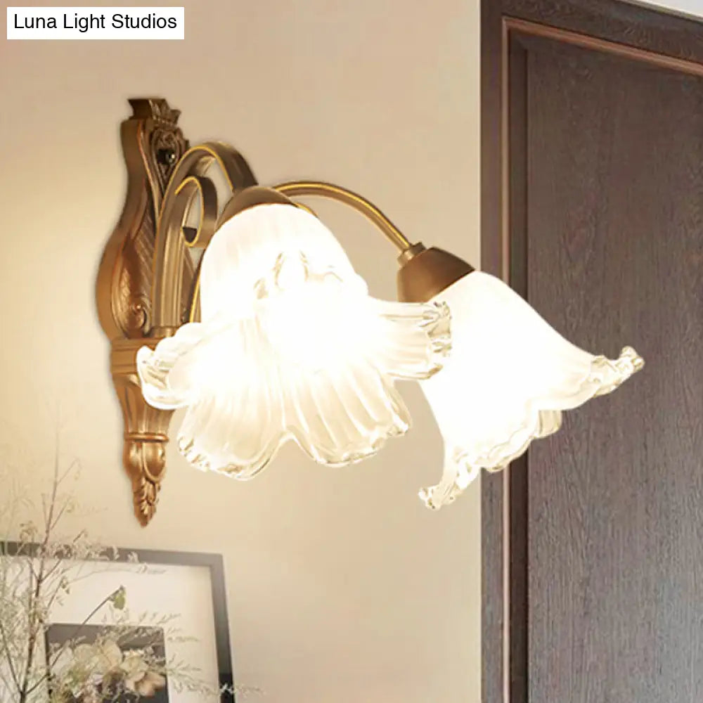 Traditional Floral Wall Sconce Light With White Glass Fixture In Black - Ideal For Bedroom