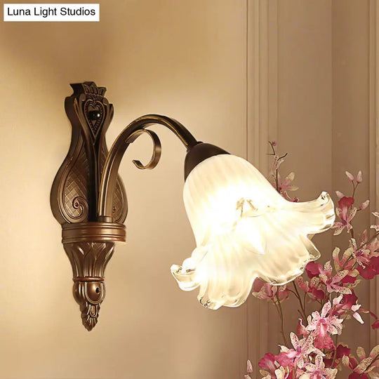 Traditional Floral Wall Sconce Light With White Glass Fixture In Black - Ideal For Bedroom