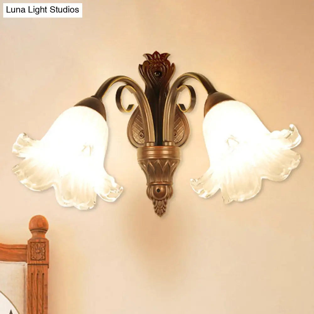 Traditional Floral Wall Sconce Light With White Glass Fixture In Black - Ideal For Bedroom