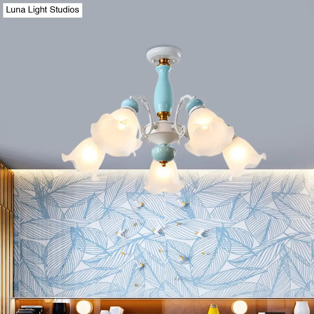 Traditional Floral White Glass Semi-Flush Ceiling Light With 3/5 Lights - Bedroom Flush Mount Lamp