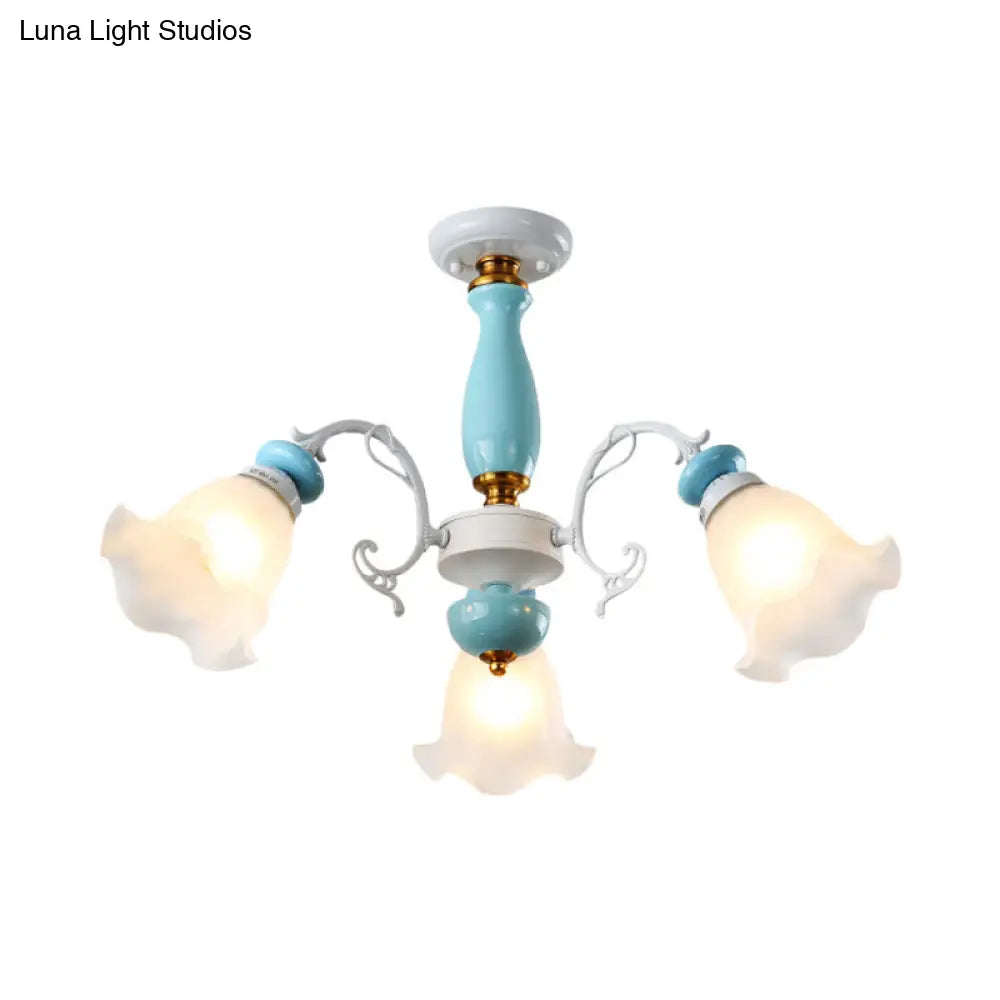 Traditional Floral White Glass Semi-Flush Ceiling Light With 3/5 Lights - Bedroom Flush Mount Lamp