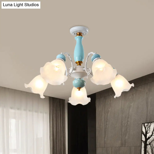 Traditional Floral White Glass Semi-Flush Ceiling Light With 3/5 Lights - Bedroom Flush Mount Lamp