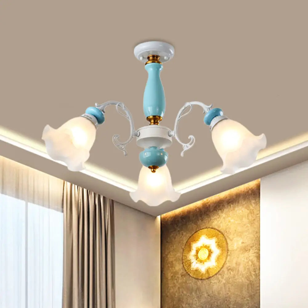 Traditional Floral White Glass Semi-Flush Ceiling Light With 3/5 Lights - Bedroom Flush Mount Lamp