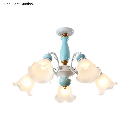 Traditional Floral White Glass Semi-Flush Ceiling Light With 3/5 Lights - Bedroom Flush Mount Lamp