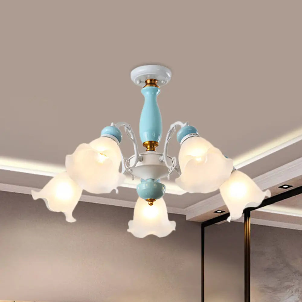 Traditional Floral White Glass Semi-Flush Ceiling Light With 3/5 Lights - Bedroom Flush Mount Lamp