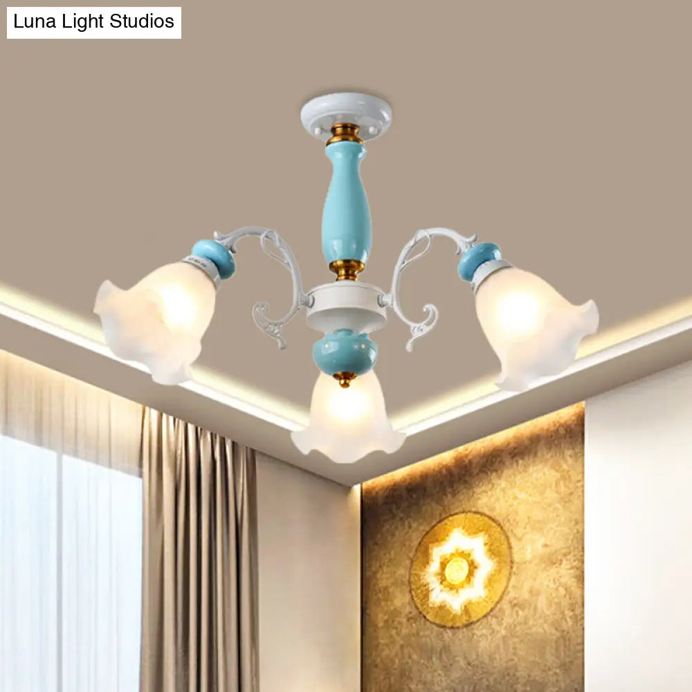 Traditional Floral White Glass Semi-Flush Ceiling Light With 3/5 Lights - Bedroom Flush Mount Lamp