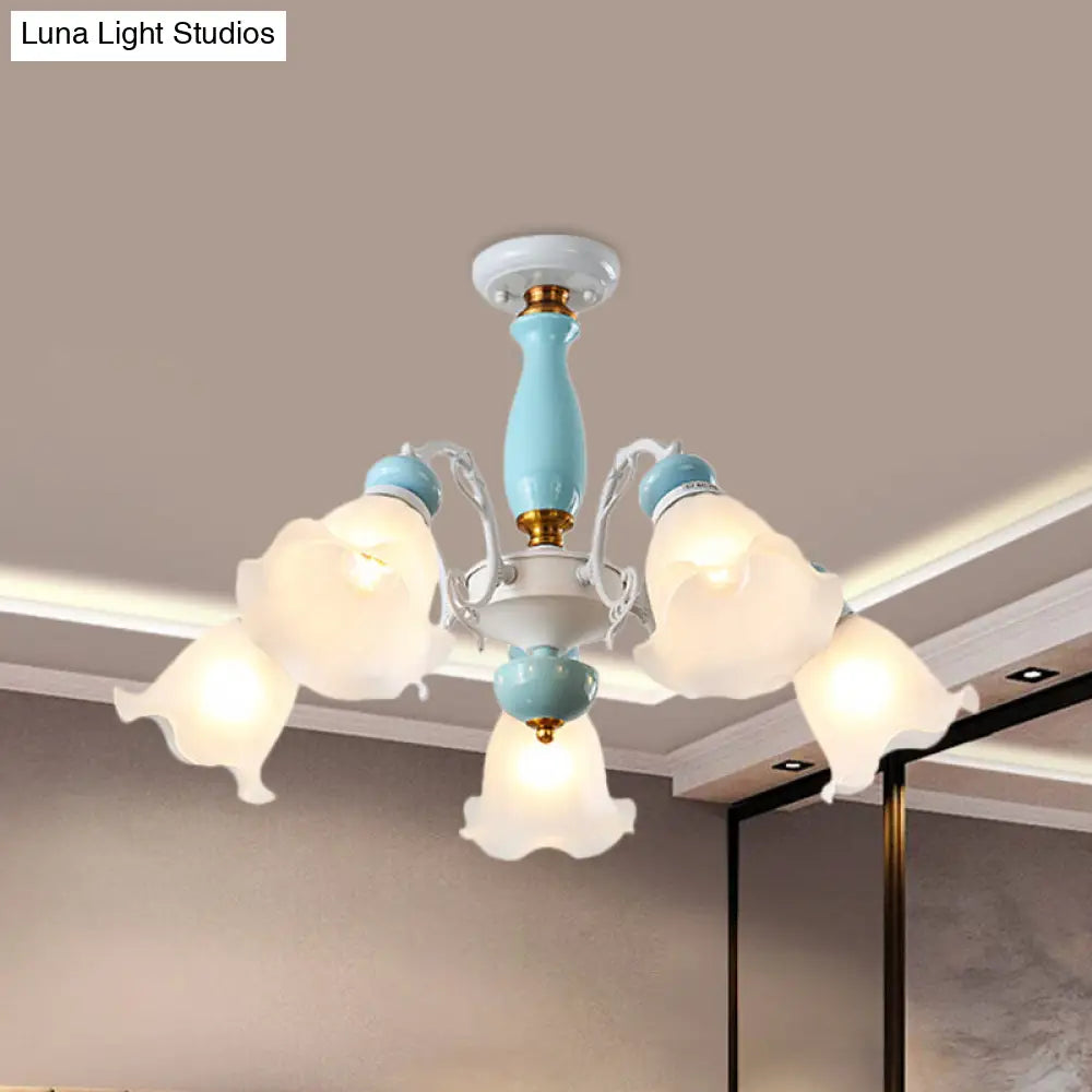 Traditional Floral White Glass Semi-Flush Ceiling Light With 3/5 Lights - Bedroom Flush Mount Lamp