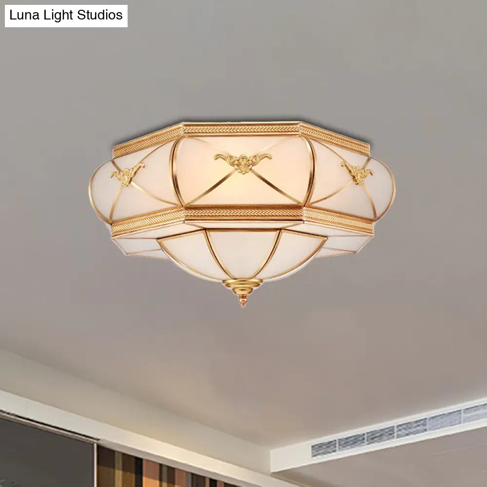 Traditional Flower Curved Frosted Glass Flush Mount Ceiling Light In Gold - 3/4/6 Lights For Bedroom