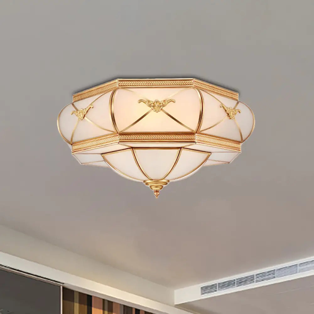 Traditional Flower Curved Frosted Glass Flush Mount Ceiling Light In Gold - 3/4/6 Lights For
