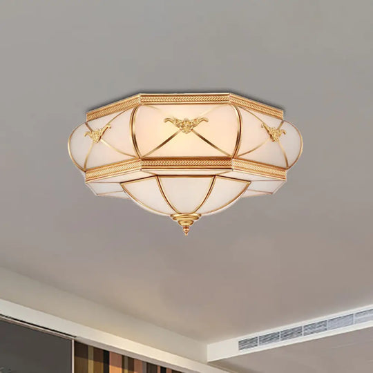 Traditional Flower Curved Frosted Glass Flush Mount Ceiling Light In Gold - 3/4/6 Lights For