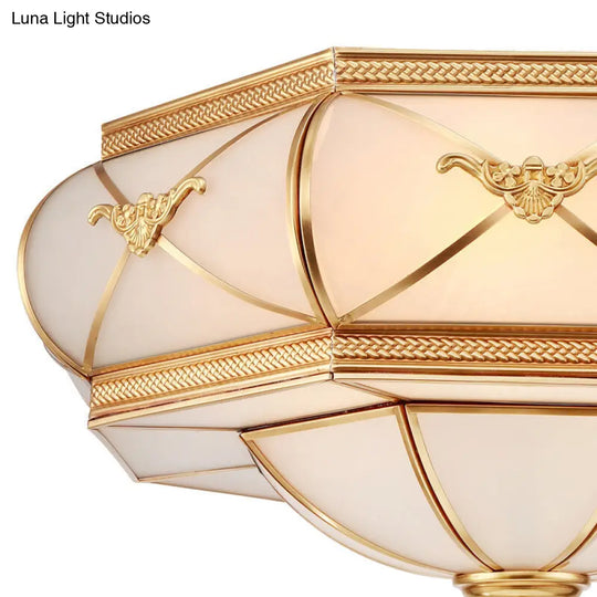 Traditional Flower Curved Frosted Glass Flush Mount Ceiling Light In Gold - 3/4/6 Lights For Bedroom