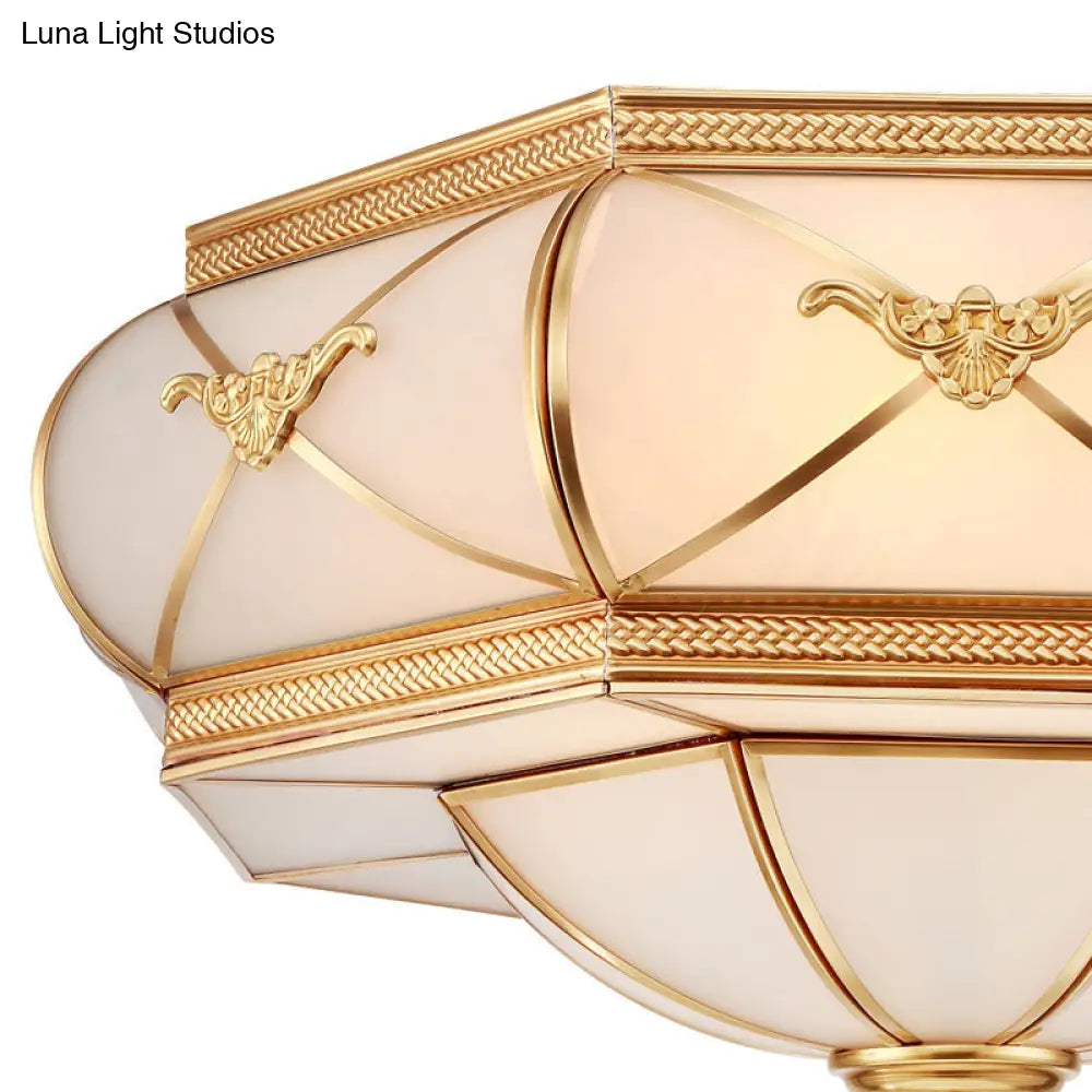 Traditional Flower Curved Frosted Glass Flush Mount Ceiling Light In Gold - 3/4/6 Lights For Bedroom