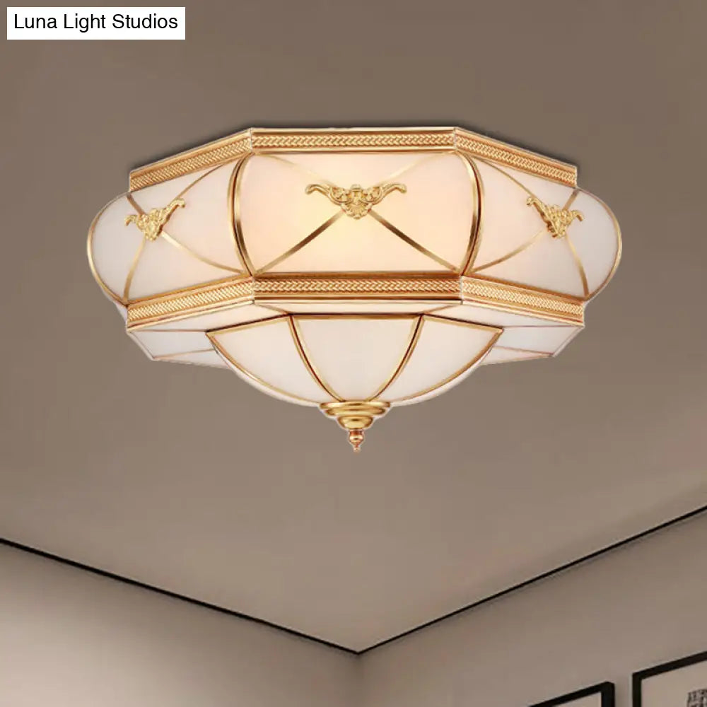 Traditional Flower Curved Frosted Glass Flush Mount Ceiling Light In Gold - 3/4/6 Lights For Bedroom