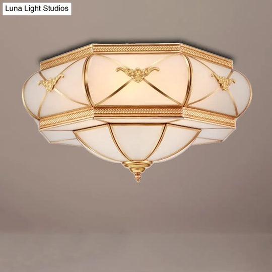 Traditional Flower Curved Frosted Glass Flush Mount Ceiling Light In Gold - 3/4/6 Lights For Bedroom