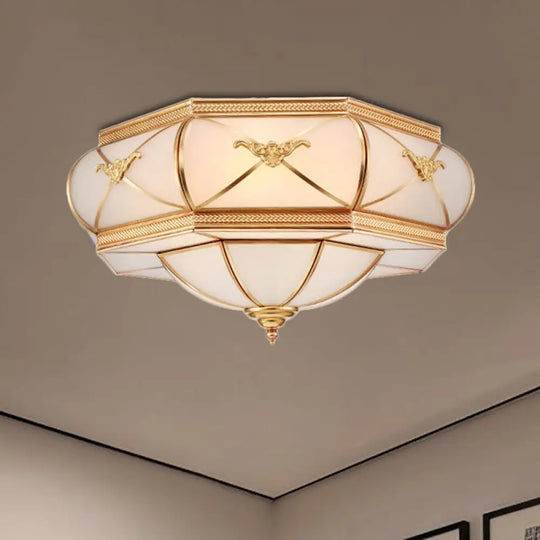 Traditional Flower Curved Frosted Glass Flush Mount Ceiling Light In Gold - 3/4/6 Lights For