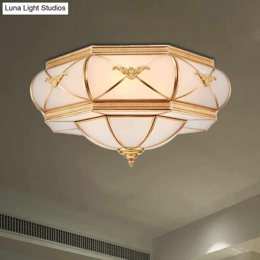 Traditional Flower Curved Frosted Glass Flush Mount Ceiling Light In Gold - 3/4/6 Lights For Bedroom