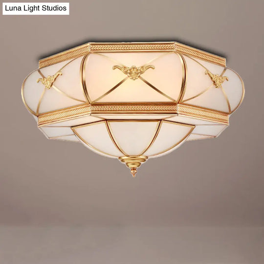 Traditional Flower Curved Frosted Glass Flush Mount Ceiling Light In Gold - 3/4/6 Lights For Bedroom