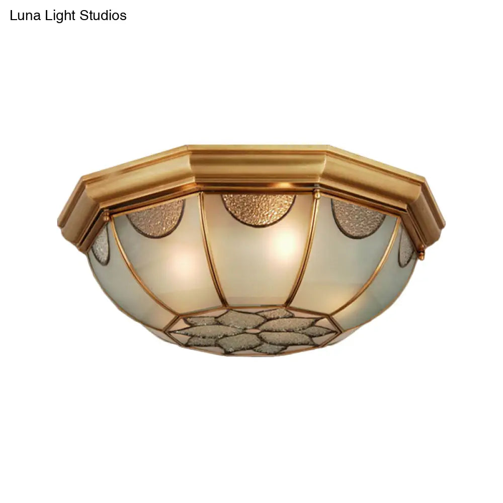 Traditional Flower Frosted Glass Flushmount Lighting In Gold - 3 - Light For Bedroom 14’/18’/23’ W