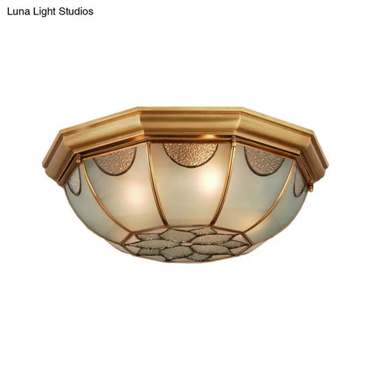 Traditional Flower Frosted Glass Flushmount Lighting In Gold - 3 - Light For Bedroom 14’/18’/23’ W