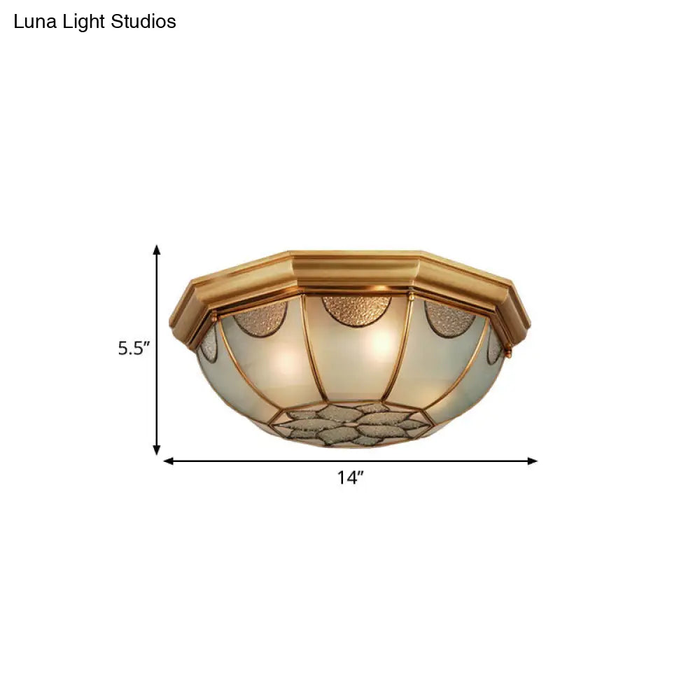 Traditional Flower Frosted Glass Flushmount Lighting In Gold - 3 - Light For Bedroom 14’/18’/23’ W