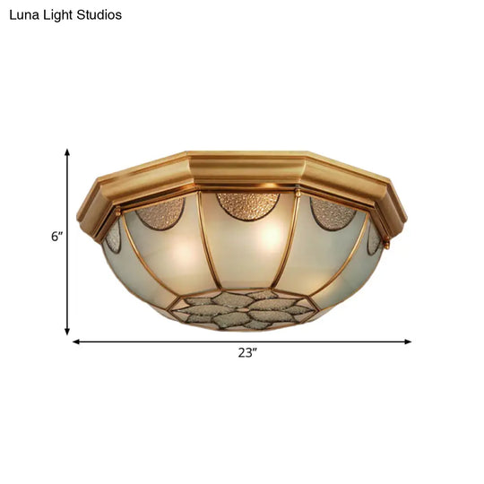 Traditional Flower Frosted Glass Flushmount Lighting In Gold - 3 - Light For Bedroom 14’/18’/23’ W