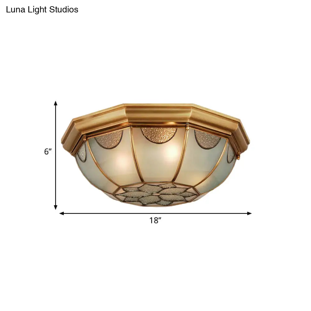 Traditional Flower Frosted Glass Flushmount Lighting In Gold - 3 - Light For Bedroom 14’/18’/23’ W