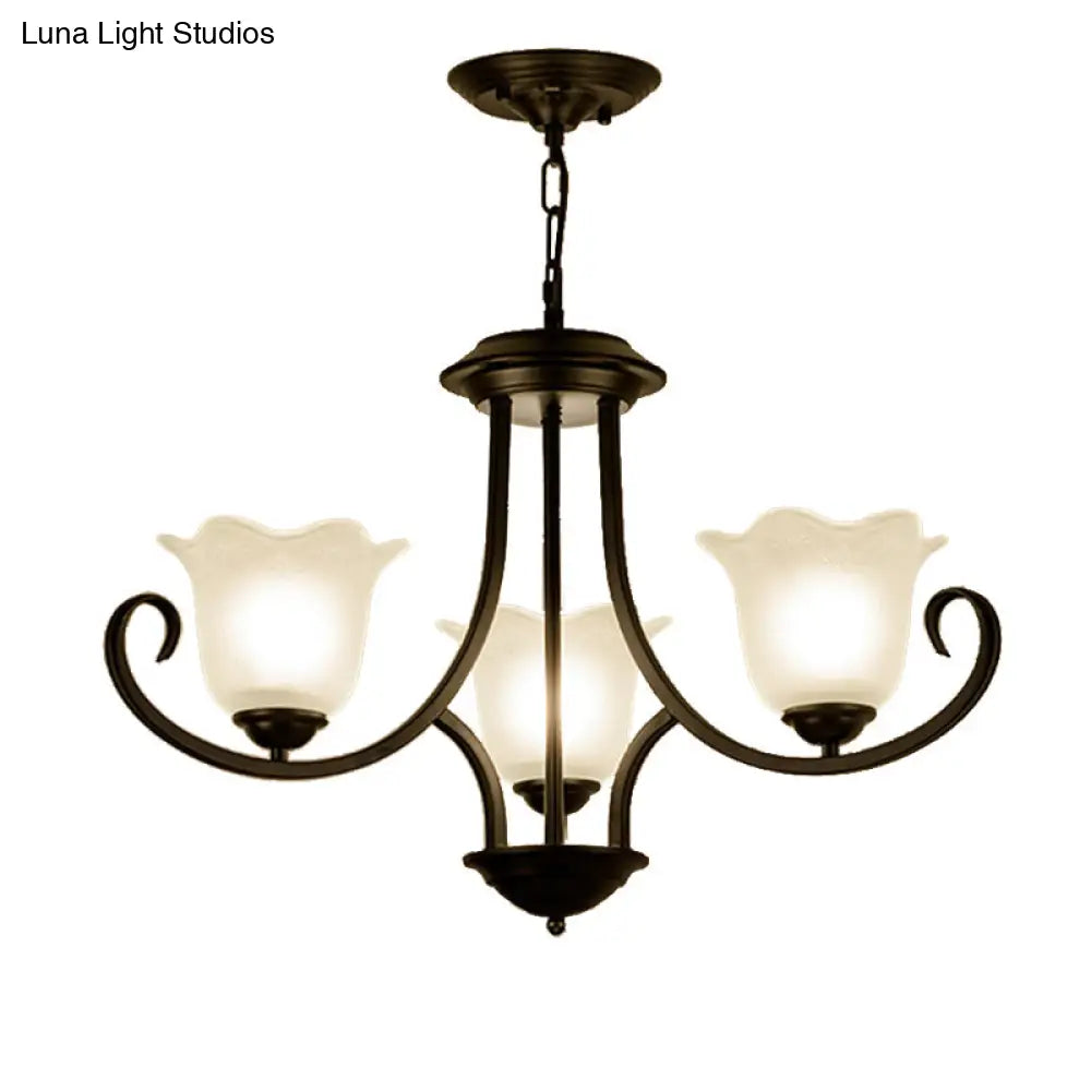 Traditional Flower Shape Frosted Glass Ceiling Chandelier With Black Finish - Ideal For Living Room