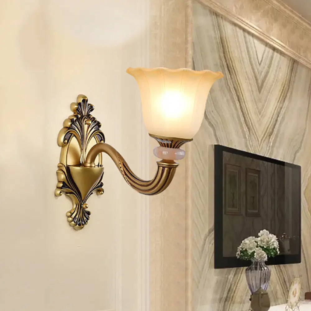 Traditional Flower-Shape Opal Glass Wall Sconce Light Fixture In Brass 1 / A