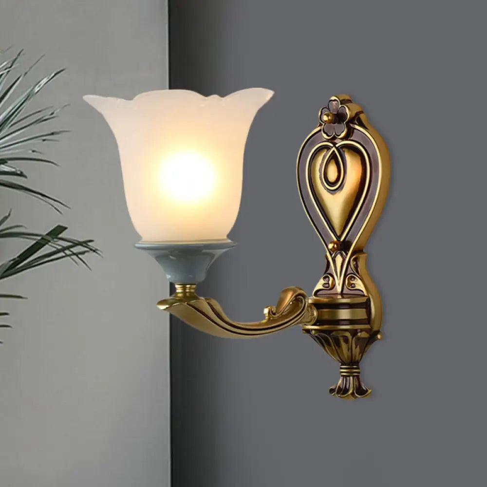 Traditional Flower-Shape Opal Glass Wall Sconce Light Fixture In Brass 1 / B