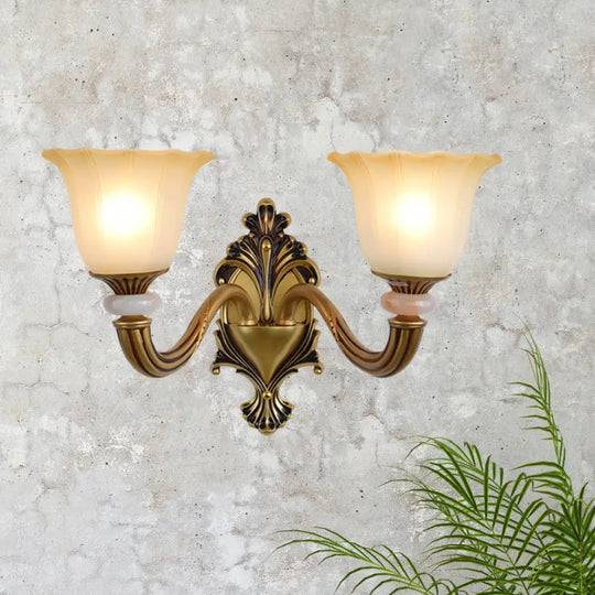 Traditional Flower-Shape Opal Glass Wall Sconce Light Fixture In Brass 2 / A