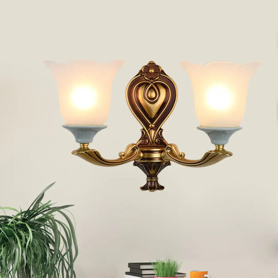 Traditional Flower-Shape Opal Glass Wall Sconce Light Fixture In Brass 2 / B