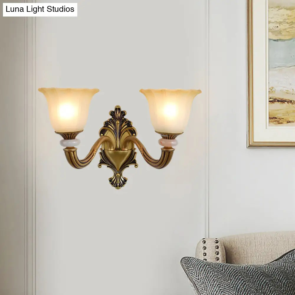 Traditional Flower-Shape Opal Glass Wall Sconce Light Fixture In Brass