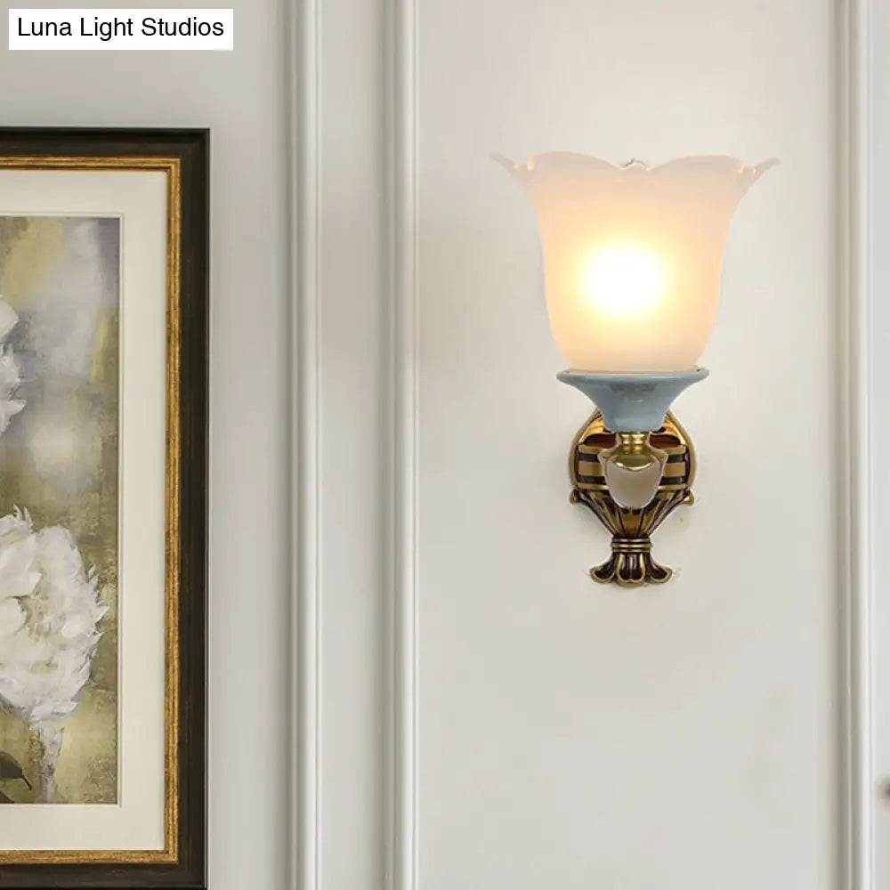 Traditional Flower-Shape Opal Glass Wall Sconce Light Fixture In Brass