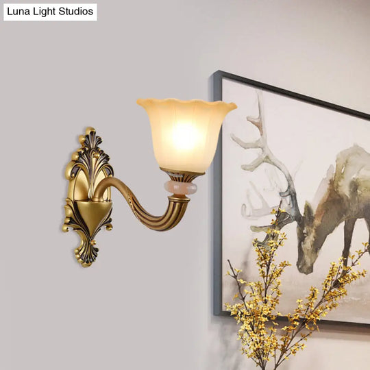 Traditional Flower-Shape Opal Glass Wall Sconce Light Fixture In Brass