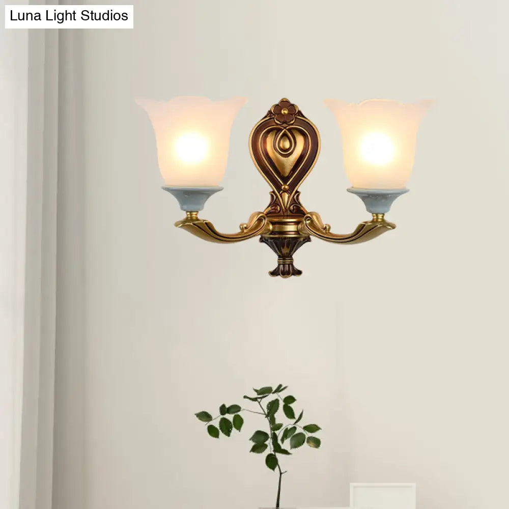 Traditional Flower-Shape Opal Glass Wall Sconce Light Fixture In Brass