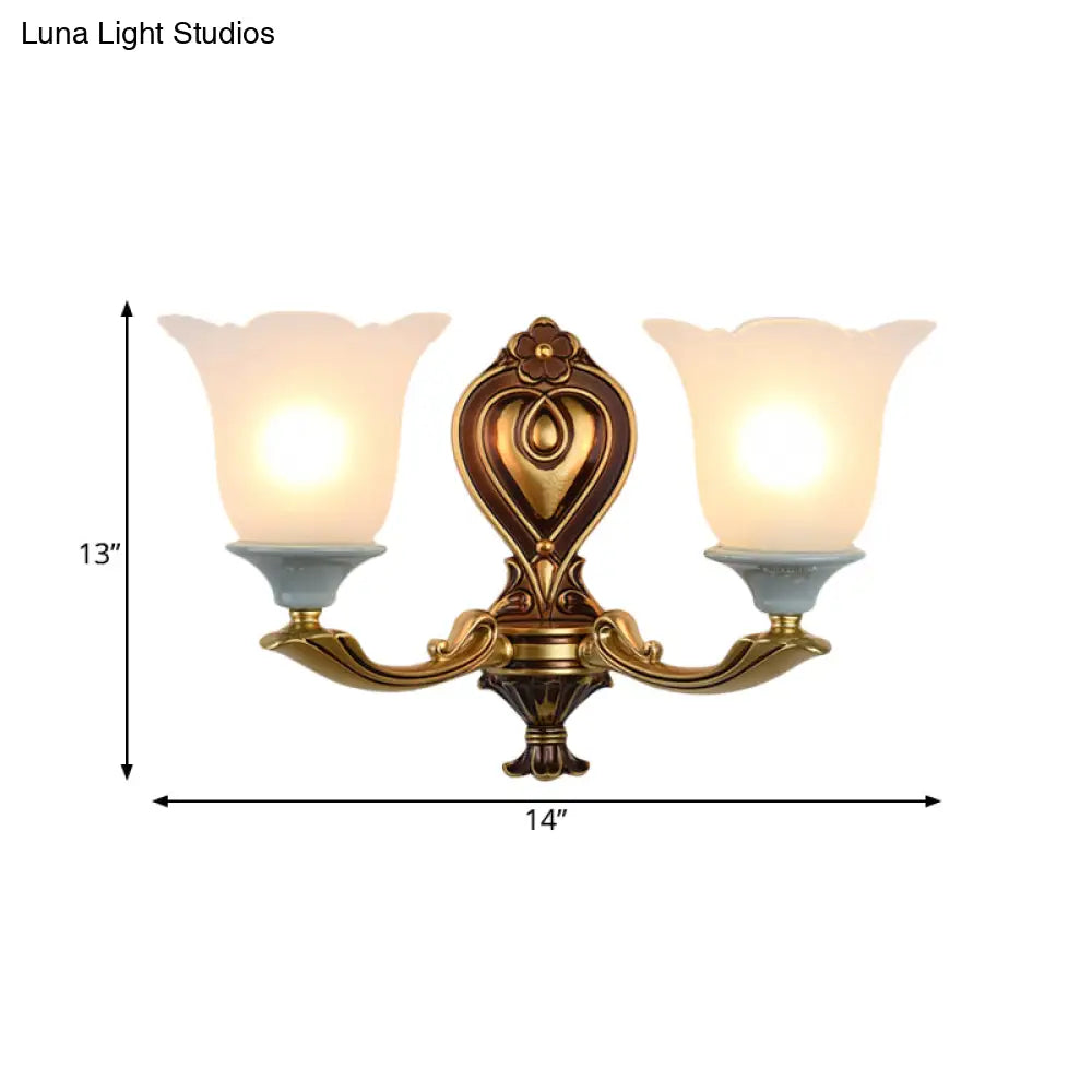 Traditional Flower-Shape Opal Glass Wall Sconce Light Fixture In Brass