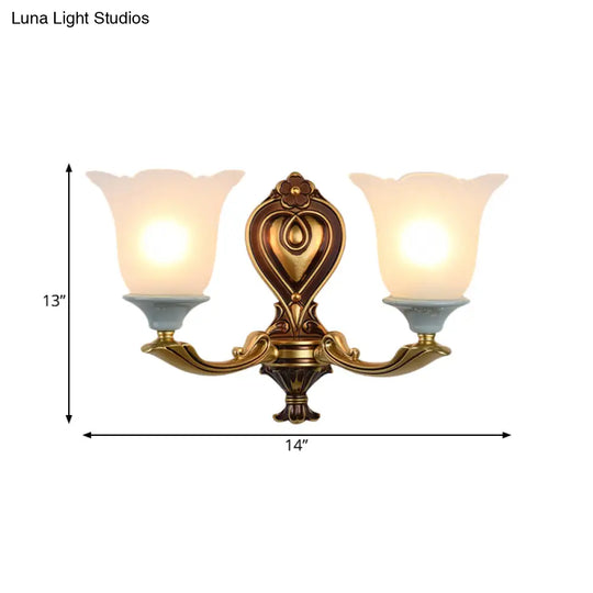 Traditional Flower-Shape Opal Glass Wall Sconce Light Fixture In Brass