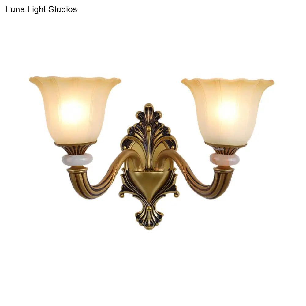 Traditional Flower-Shape Opal Glass Wall Sconce Light Fixture In Brass