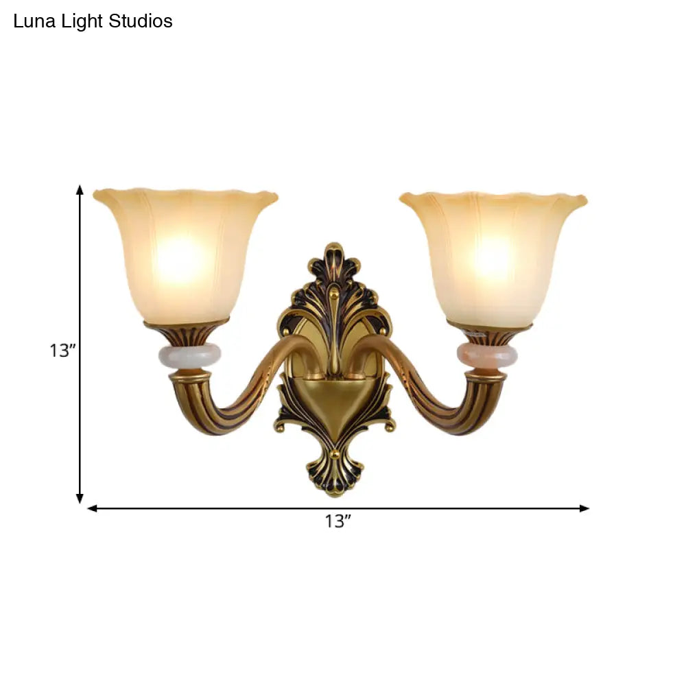 Traditional Flower-Shape Opal Glass Wall Sconce Light Fixture In Brass