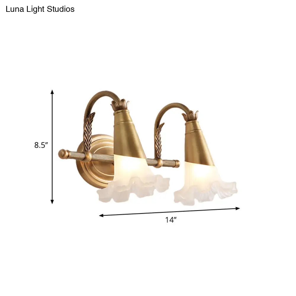 Traditional Flower Wall Lamp - 1/2-Light Frosted Glass Sconce In Gold For Bathroom