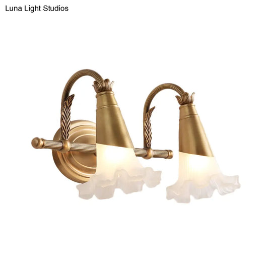 Traditional Flower Wall Lamp - 1/2-Light Frosted Glass Sconce In Gold For Bathroom