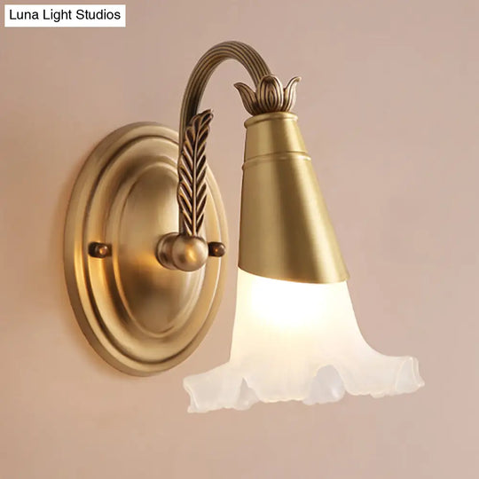 Traditional Flower Wall Lamp - 1/2-Light Frosted Glass Sconce In Gold For Bathroom