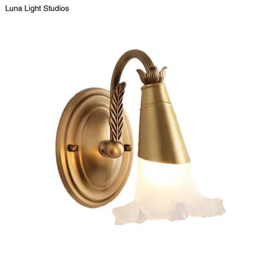 Traditional Flower Wall Lamp - 1/2-Light Frosted Glass Sconce In Gold For Bathroom