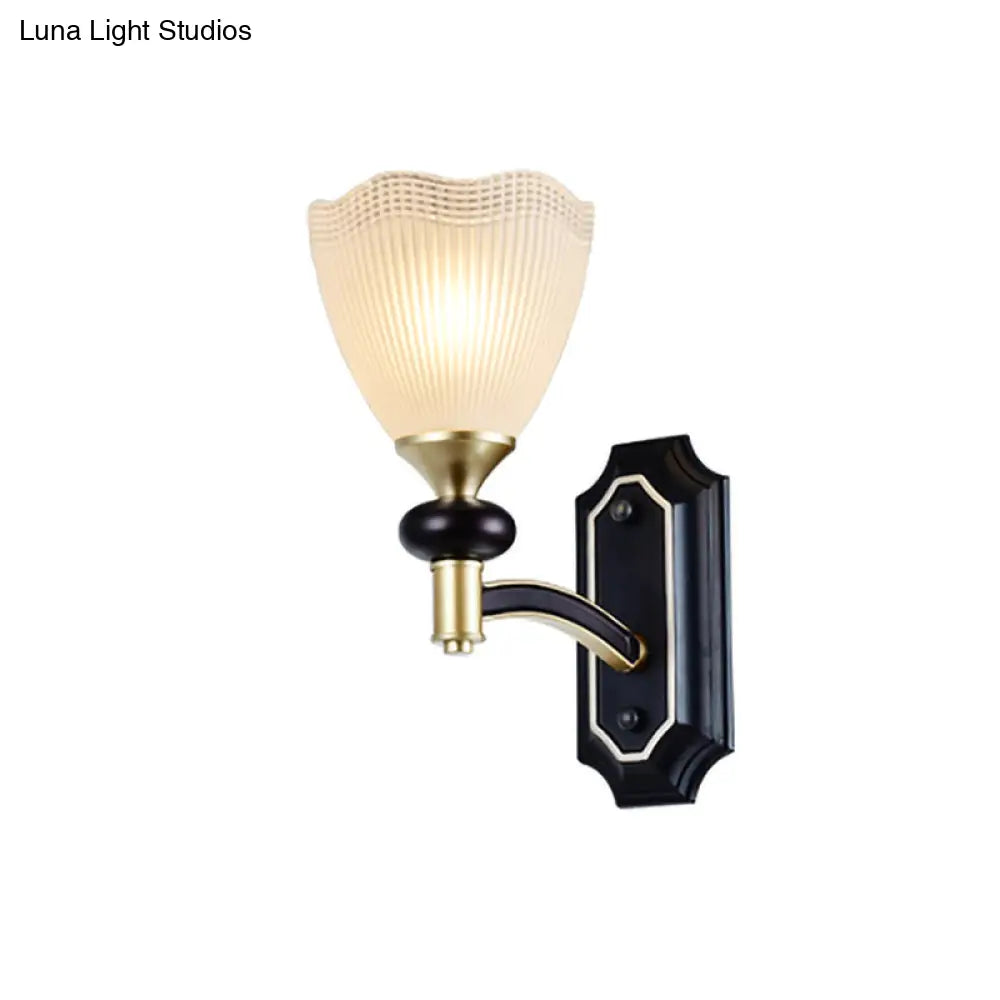 Traditional Flower Wall Light With Prismatic White Glass Sconce Lamp In Black