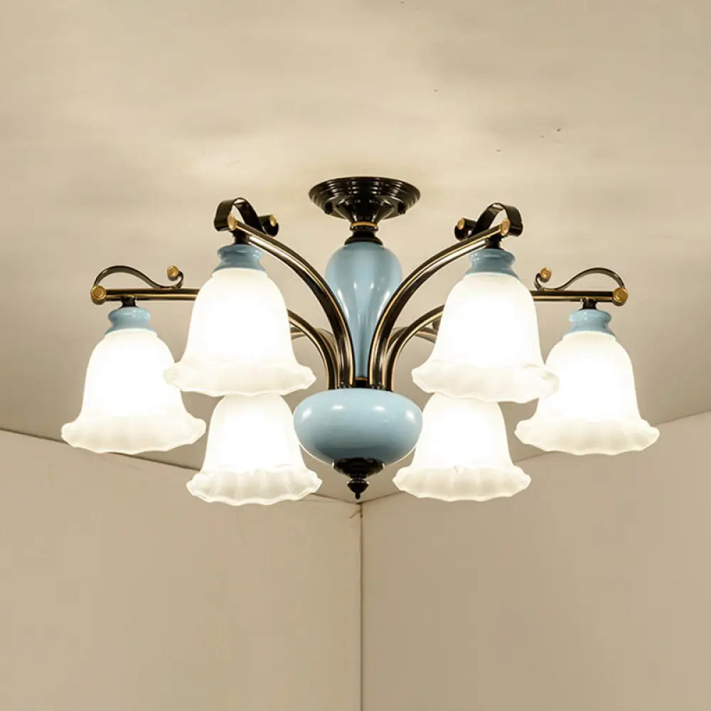 Traditional Flower White Glass Semi-Flush Ceiling Light - Bedroom Lamp (6/8 Heads) 6 /