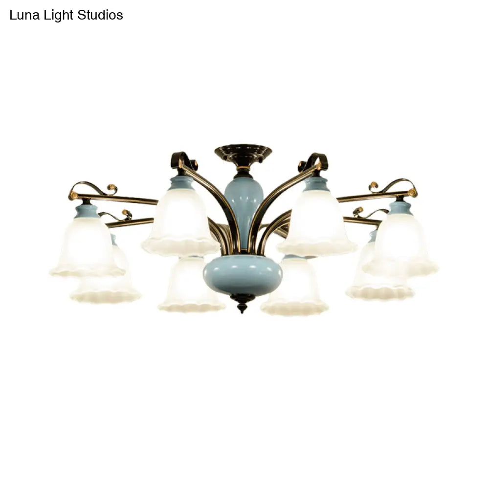 Traditional Flower White Glass Semi-Flush Ceiling Light - Bedroom Lamp (6/8 Heads)