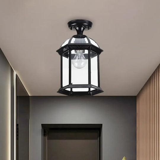 Traditional Flush Mount Cage Lantern With Single Bulb In Black/Brass 8’/9.5’ Wide Black / 8’