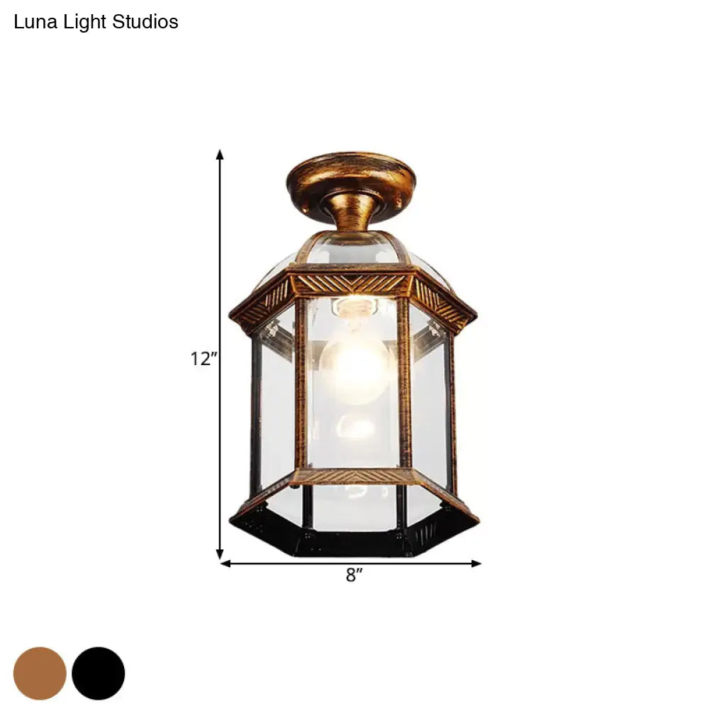 Traditional Flush Mount Cage Lantern With Single Bulb In Black/Brass 8/9.5 Wide