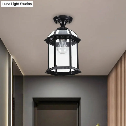 Traditional Flush Mount Cage Lantern With Single Bulb In Black/Brass 8/9.5 Wide Black / 8